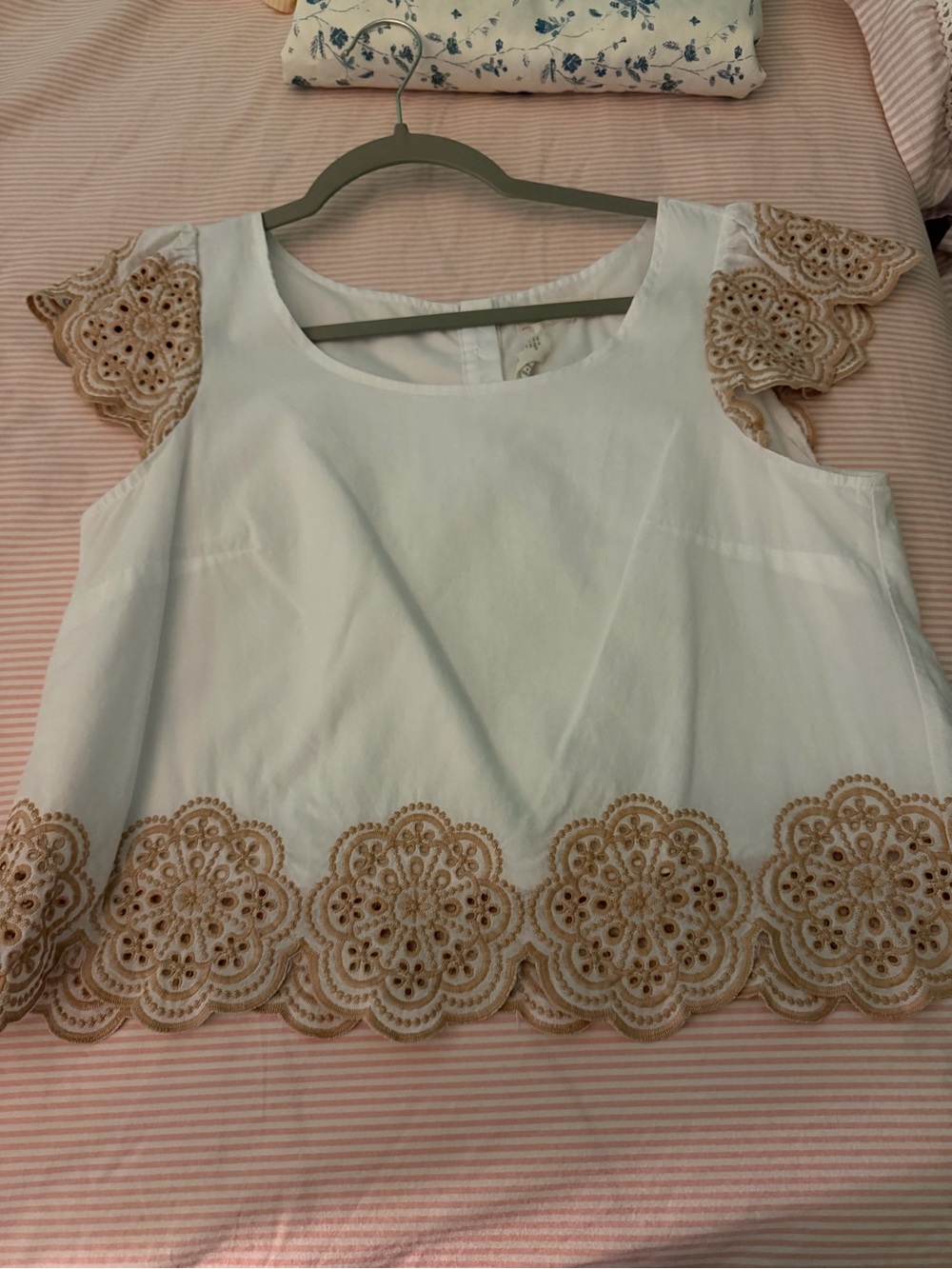 Free People White Crop Top with Beige Eyelet Scallops